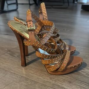 NEW Michael Kors Western Brown Strappy Heels with Gold Accents